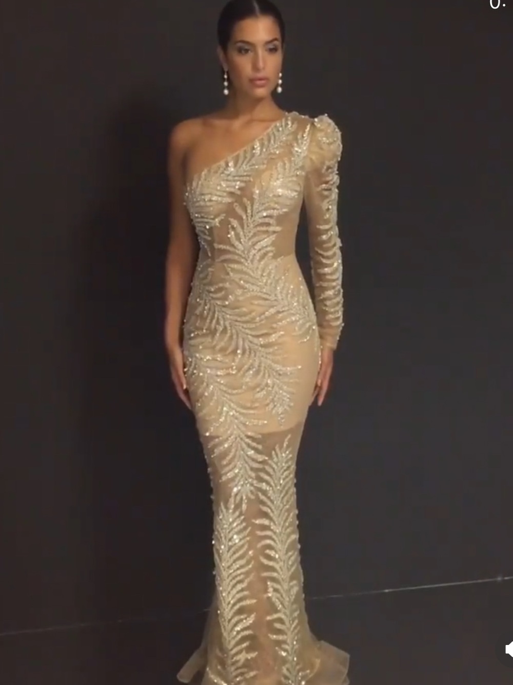 Terani Couture One-Shoulder Nude Gold Beaded Gown